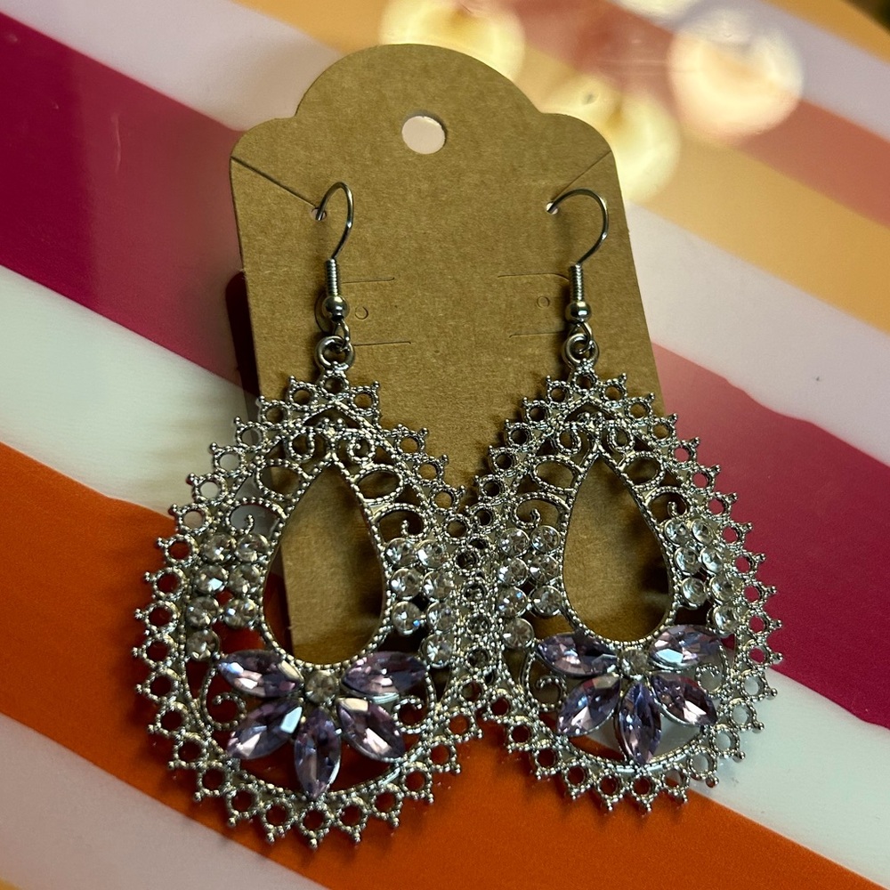 Sliver & Purple Teardrop Earrings - Picture 2 of 5
